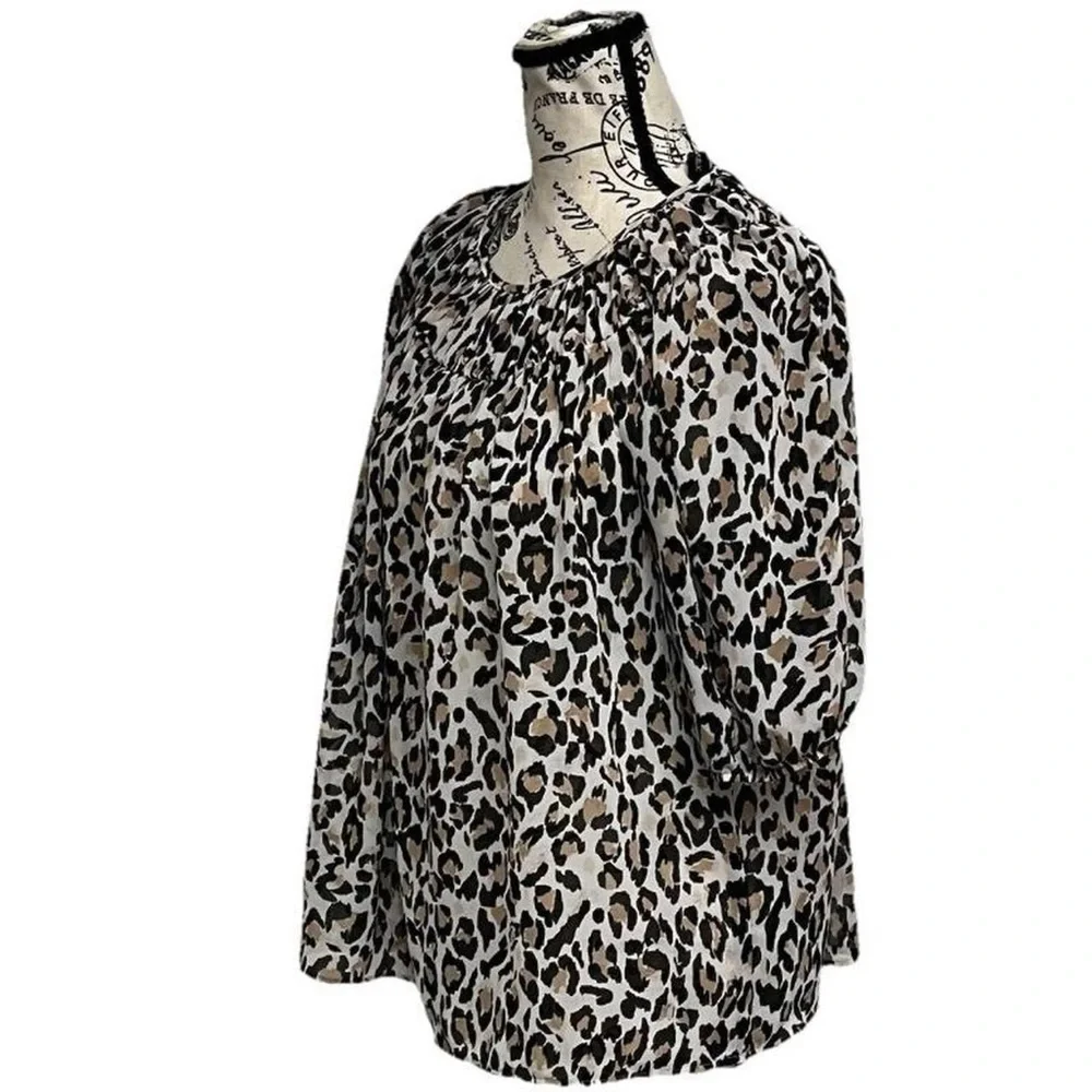 Banana Republic Sheer Leopard Blouse Women’s S Ruched Neck Puff Sleeve Peasent